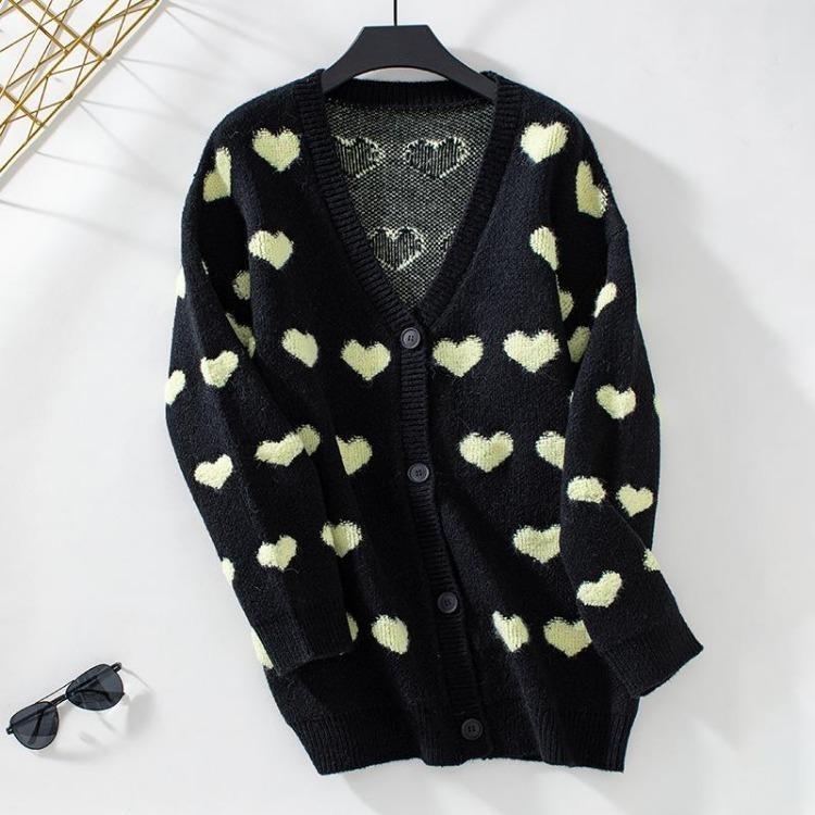 

Long Sleeve V Neck Sweater Cardigan Vintage Heart Print Knitwear Top for Autumn Winter XL чорний