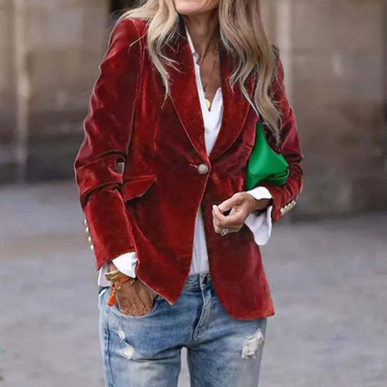 Velvet Blazer for Women Long Sleeve Botton Up Business Office Suit Jacket Casual Lapel Open Front Coat