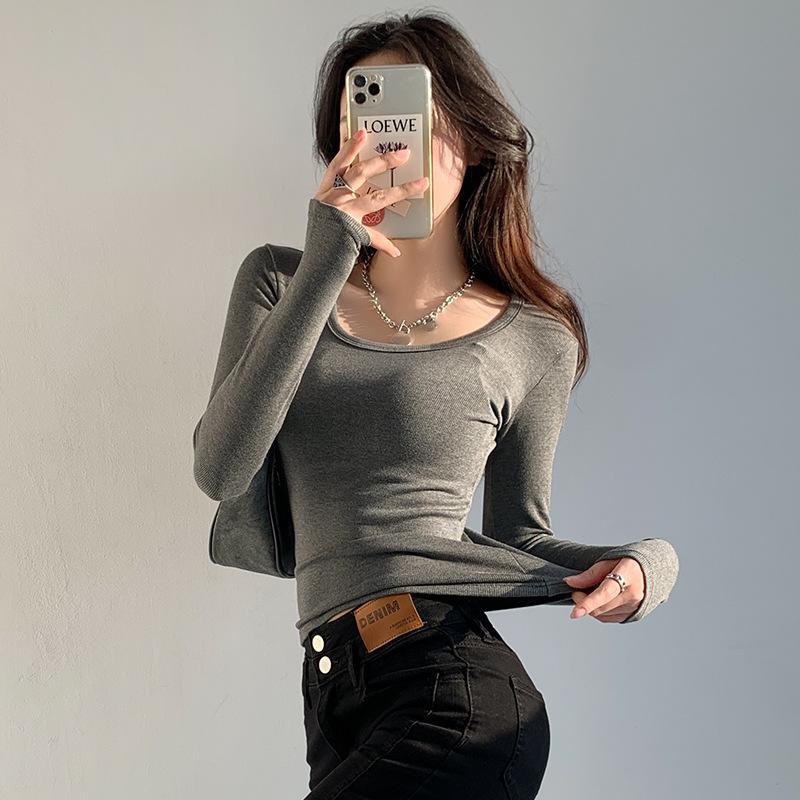 

Новая корейская версия, весенне-летний дизайн, универсальный зарубежный стиль, осенне-зимний, полированный топ с длинным рукавом и круглым вырезом, приталенный XL темно-серого