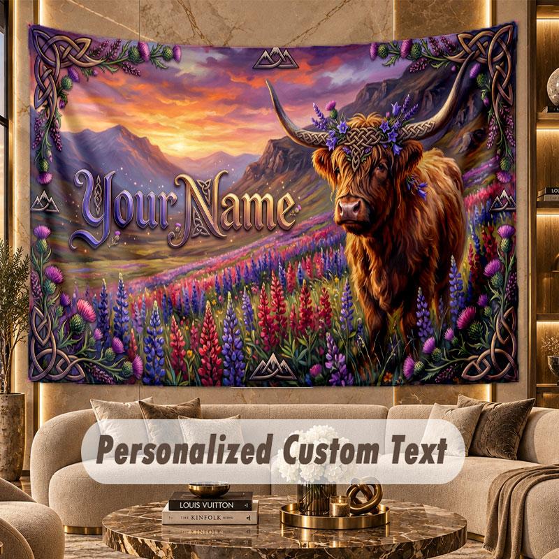 Highland Cow (202) Theme Personalized Tapestry Custom Name Text Wall Hanging Tapestry Home Background Decoration