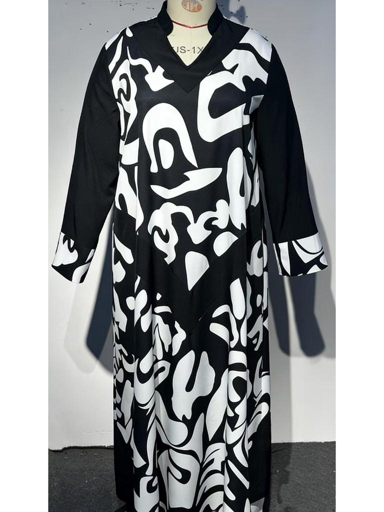 Plus Size Retro Abstract Art V-Neck Long Dress with Patchwork Sleeves