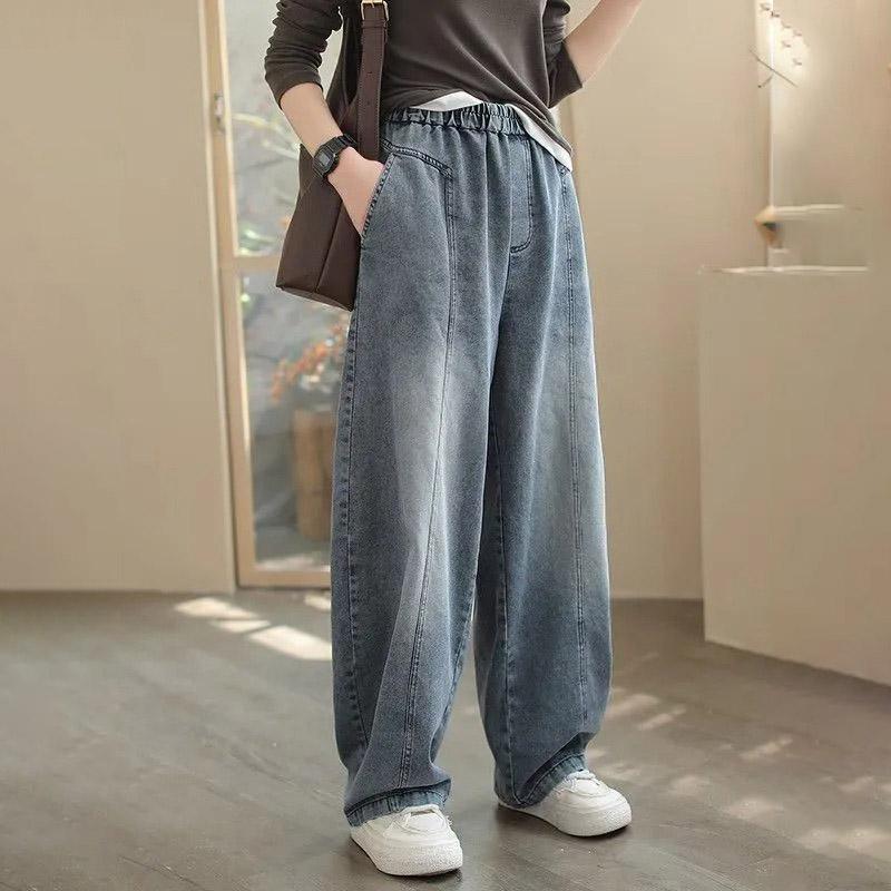 Pants for Women Plus Size Stretchy Elastic High Waist Long Trousers Solid Colour Casual Wide Leg Jean Pants