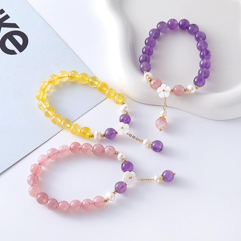 Strawberry crystal bracelet, shell flower pearl amethyst bracelet. Bangles Women Fashion Jewelry accessories Gift