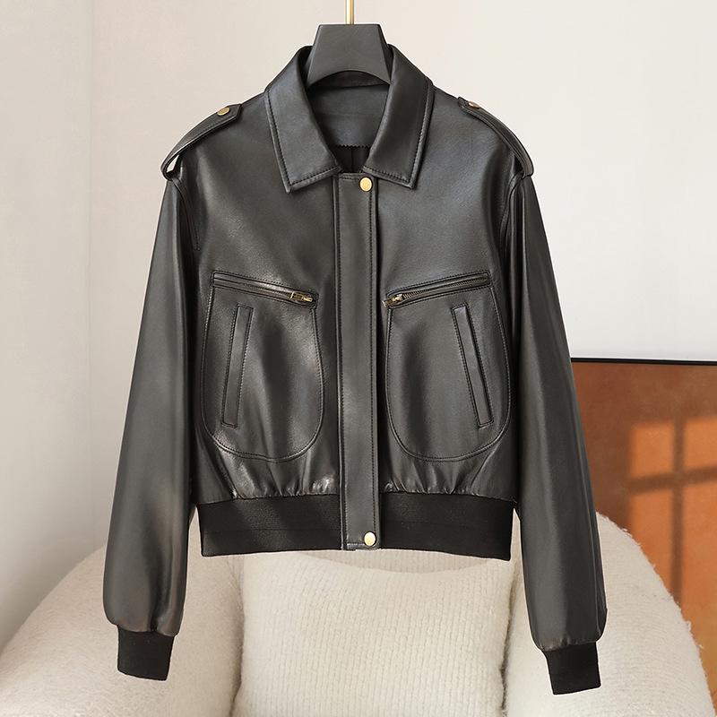 

Women s Short Genuine Leather Motorcycle Jacket - 2024 Autumn/Winter Vintage Petite Cowhide Coat with Suit Collar 4XL