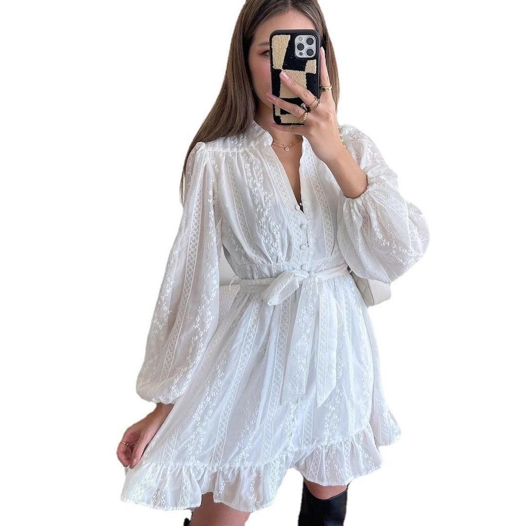 2025 Fall Women's V-Neck Long Sleeve Lace Ruffle Dress - European & American Style