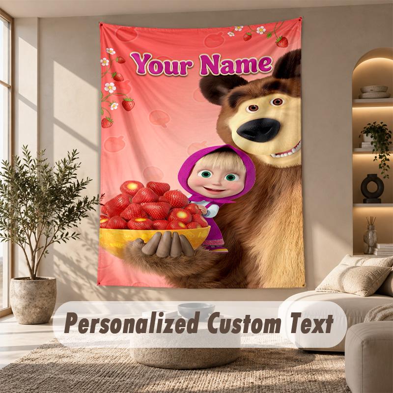Masha and the Bear Tapestry, Personalized Custom Text, Wall Hanging Tapestry For Living Room Home Wall Decor
