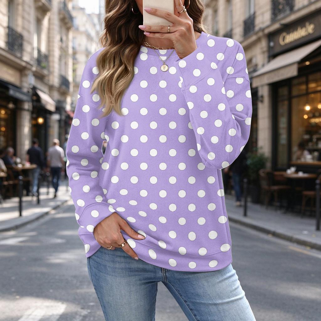 Women's Casual Polka Dot Christmas Print Top for Fall and Winter, Versatile Blouse