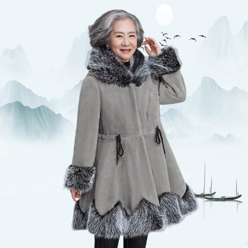 

Зимняя новая шуба из искусственного меха норки с капюшоном средней длины, комплект для мамы, пальто для среднего и пожилого возраста, женская одежда больших размеров 9XL серый