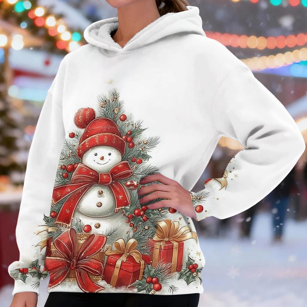 Women's Fashionable Casual Long-Sleeved Christmas Print Fleece-Lined Thick Hooded Sweatshirt