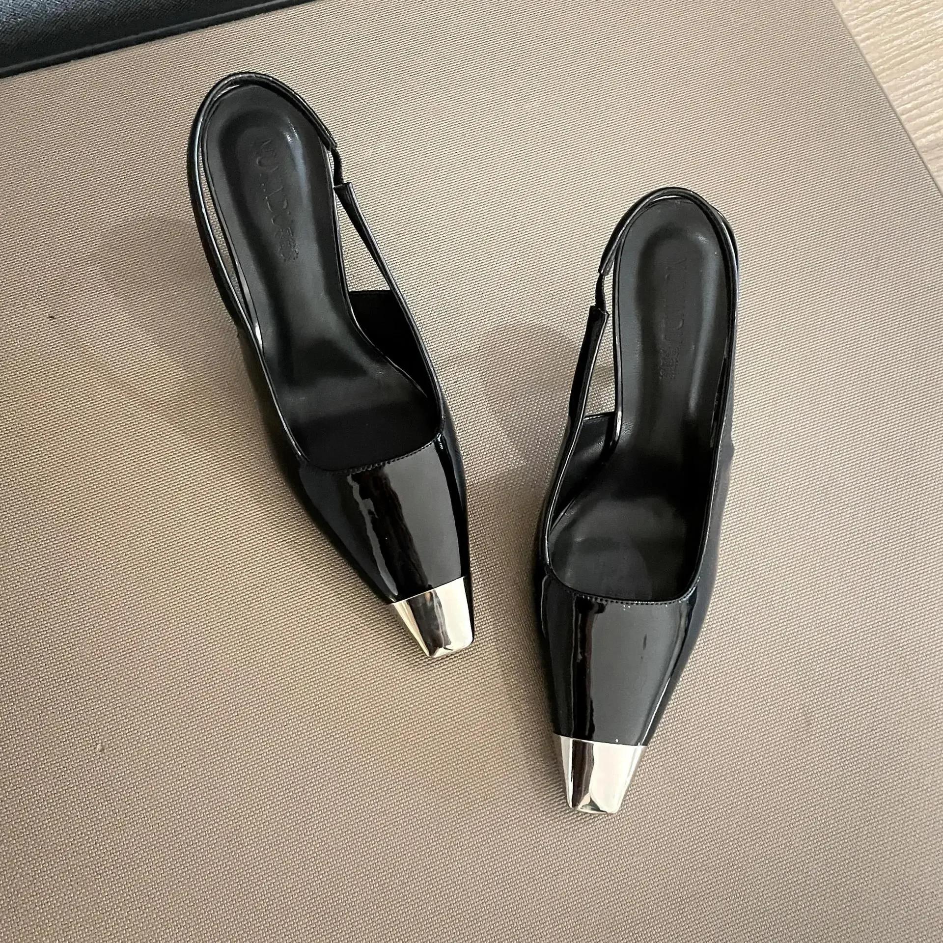 

Новые модные босоножки с квадратным носком и тонким каблуком, черные обтянутые каблуки, высокие каблуки, женские одинарные туфли с металлическим носком 38