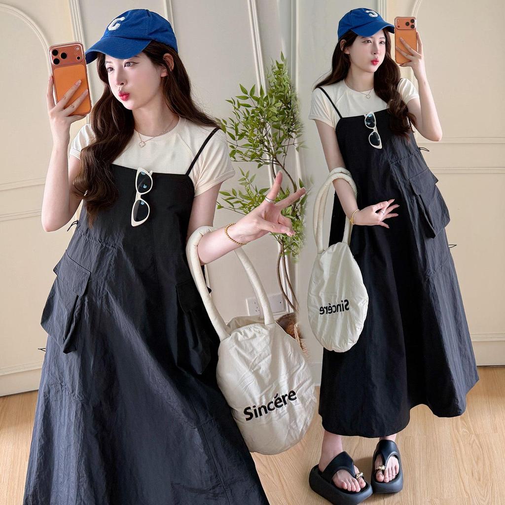 2026 Summer Maternity Set: Stylish Short-Sleeved Top & Plus Size Suspender Skirt
