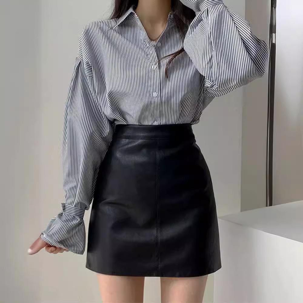 Women's High-Waist Black PU Leather A-Line Mini Skirt - Autumn/Winter