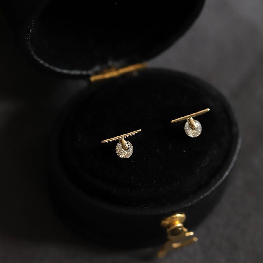 14K Gold-Plated 3D Bar Stud Earrings with S925 Sterling Silver and Small Round Diamond 14K Gold Pair (with Earplugs)