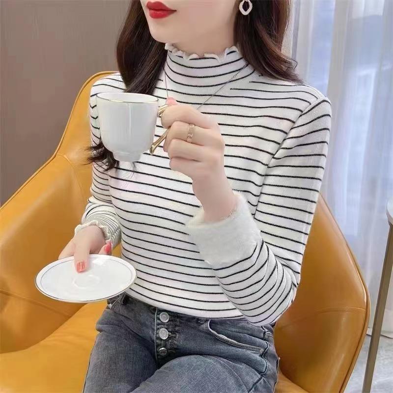Sweater Women's Winter Velvet Thickened Semi-turtleneck Bottoming Shirt with a New Integrated Velvet Fungus Edge Knitted Top