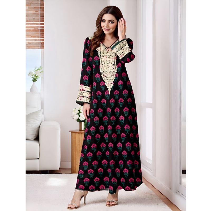 

Magic Queen Middle East Arab Dress Women V Neck Long Sleeves Fashion Print Robe Long Dress Dresses Picture Color XL