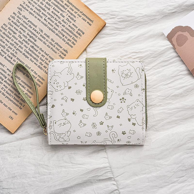 Cute Kitten Japanese Women's Snap Coin Pocket Short Wallet with Strap and Card Holder