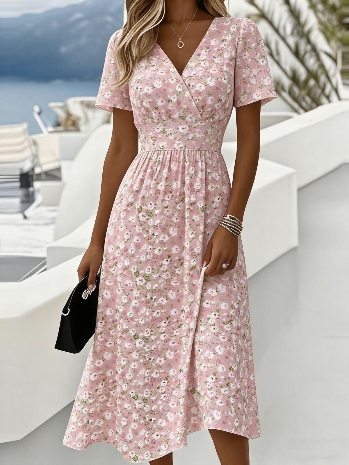 

2026 Trendy 3D Printed V-neck Short Sleeve Dress with Slimming Large Hem and Creative Bottom Pattern Large