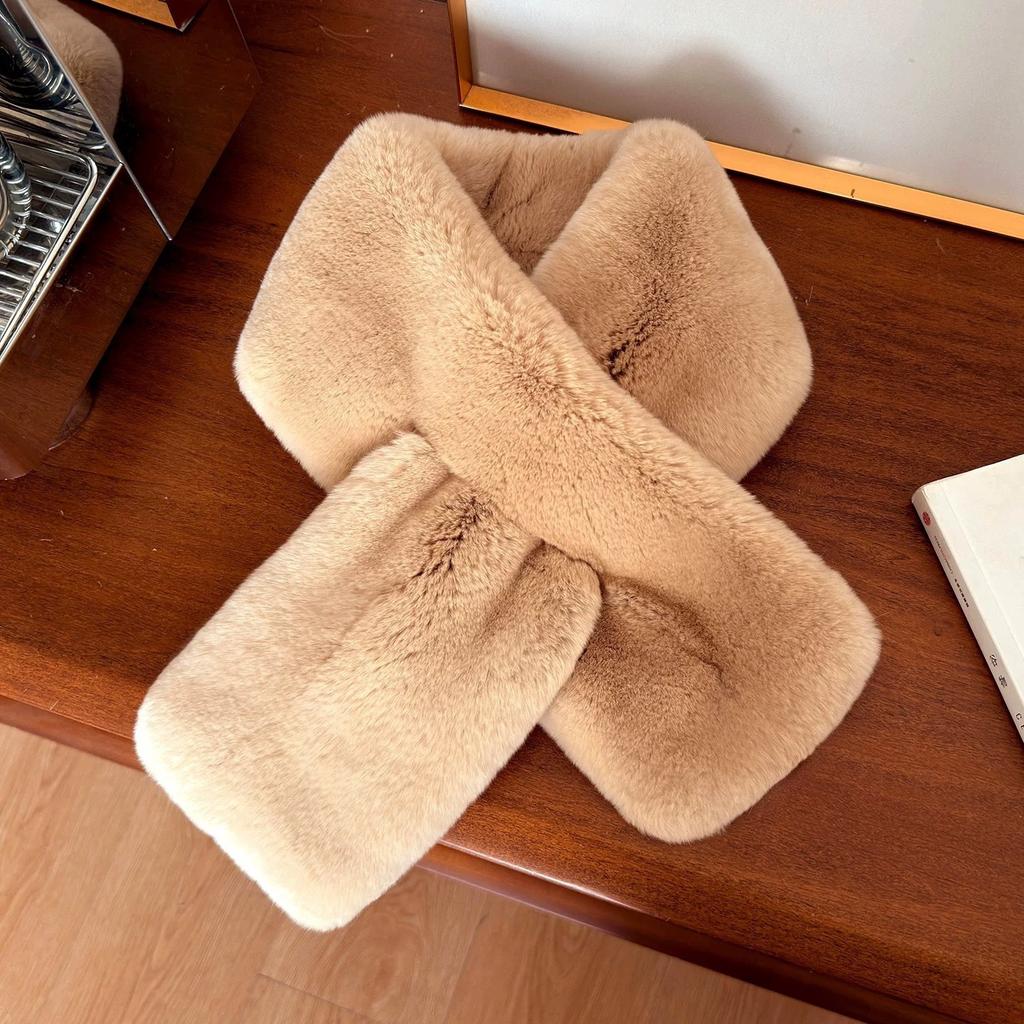1116 New Korean Version Plush Small Scarf Fur Collar Women Winter Thickened Warm Versatile Cold Neck Protection Cross Scarf