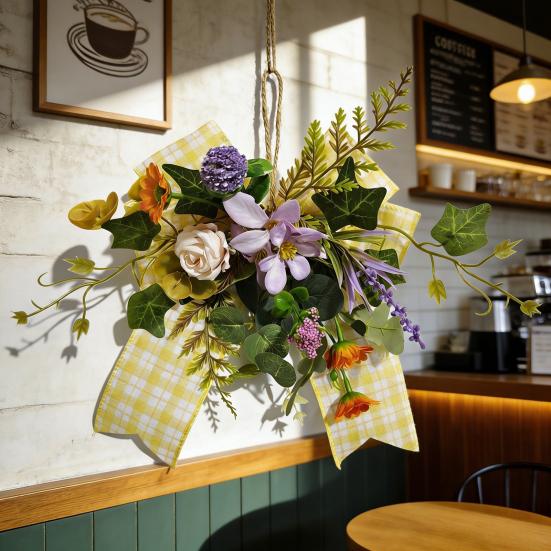 Spring Summer Artificial Violet Wreath for Front Door Small Wall Hanging Wreath with Yellow Plaid Bow for Indoor Outdoor Wall Window Kitchen Cabinet