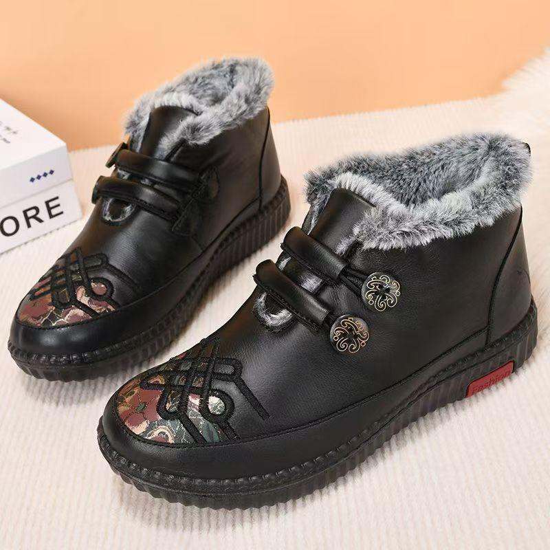 Ethnic Style Ankle Elderly Cotton Boots Winter New Women Waterproof Non Slip Round Toe Plush Keep Warm Flat Sole Cotton Shoes