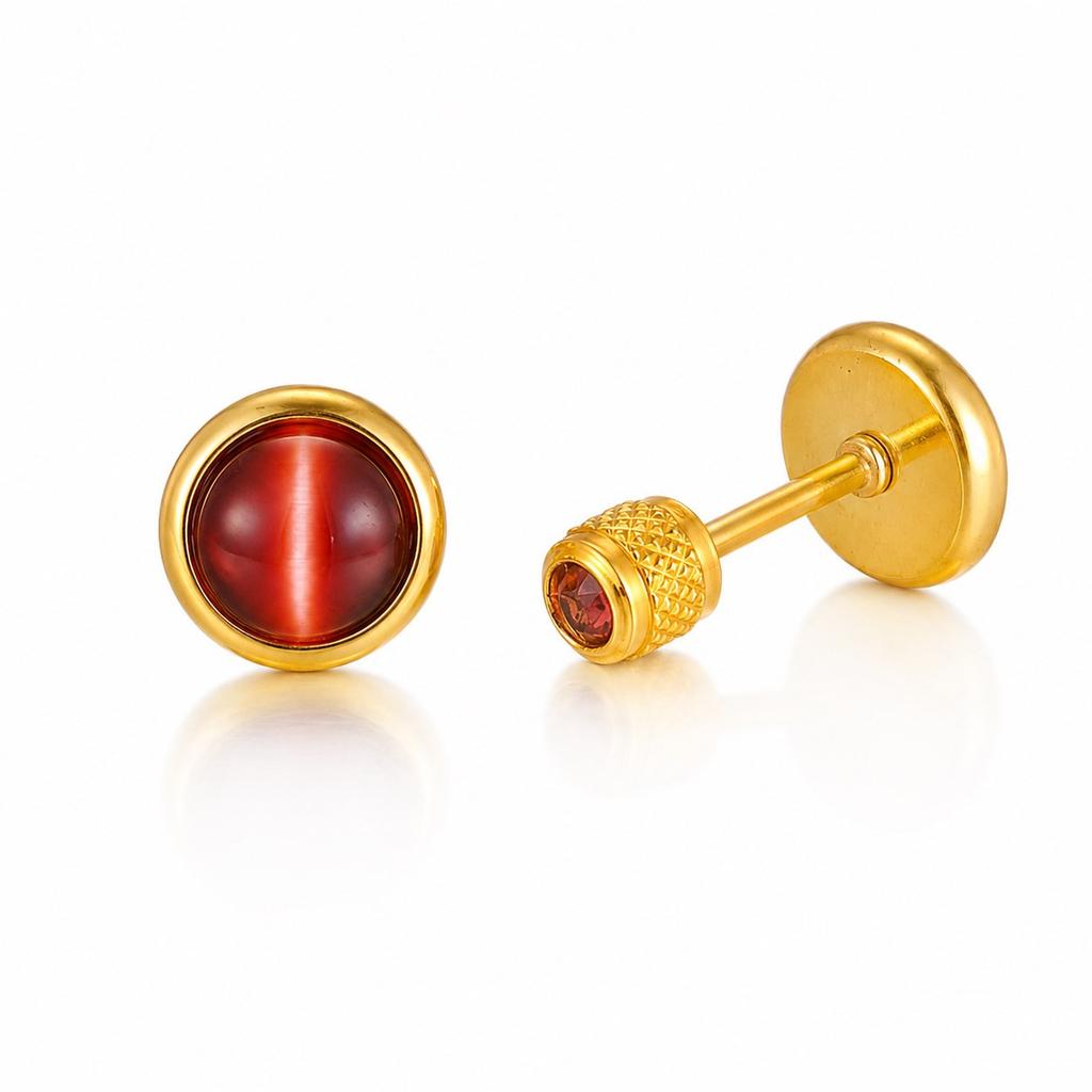 Birthstone Stud Earring for Women,18k Gold Plated Stainless Steel Cat Eye Stone Flat Back, Dainty Everyday Jewelry