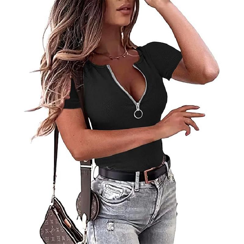 2026 New Spring/Summer Women's Zipper Ribbed Round Neck Short Sleeve Casual Simple T-Shirt Top