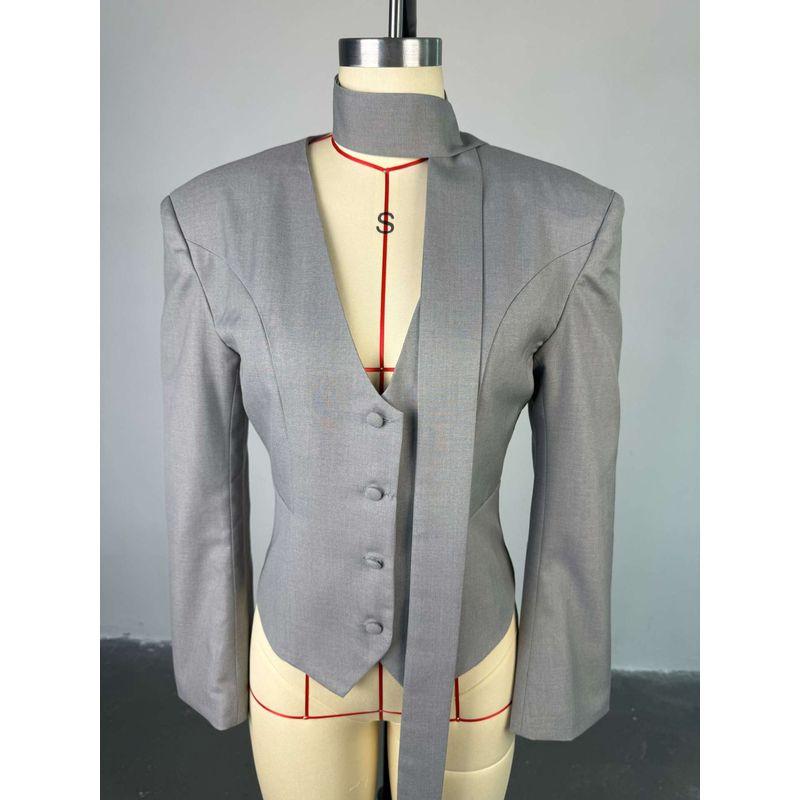 

Western Style New Fashion Solid V-neck Scarf Long sleeve Casual Suit Outerwear Casual Suit Jacket Grey XL