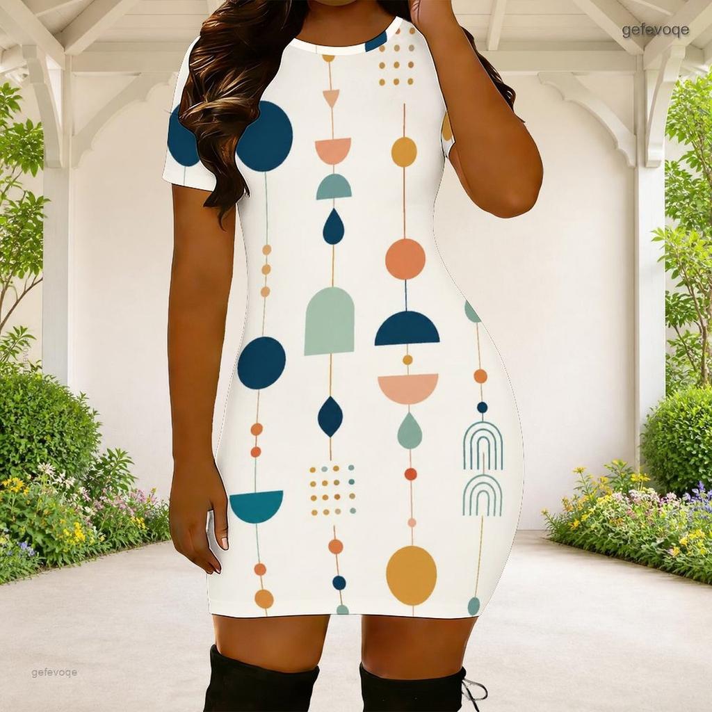 Women Plus Size Round Neck Short Sleeve White Printed Fitted Mini Dress