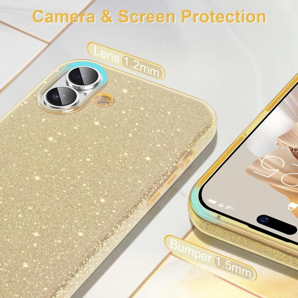 Gold Glitter Bling Case for Iphone 16 Pro Max 15 Plus 14 13 Mini 12 11 X Xs Xr Se 2022 2020 7 8 6 6S 16Pro Girls Women Sparkle Phone Cover Accessories