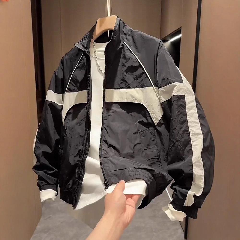 

Весенне-осенний новый тренд Сшивная куртка со стойкой воротником Куртка Модная Простая Контрастного цвета Универсальный Повседневный топ L чёрный