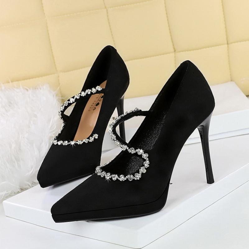 

Модные банкетные туфли на высоком каблуке, тонкий каблук, мелкий вырез, замша, заостренный носок, водонепроницаемая платформа, стразы, туфли-лодочки на высоком каблуке с одним ремешком 35