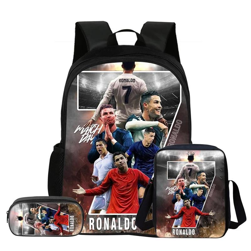 Set de 3 Piezas para Niños Mochila Estrella de Fútbol Estudiante Bolso de Hombro Escolar Bolsas para Lápices Ronaldo Mochila Escolar CR Mochila Mejor Regalo