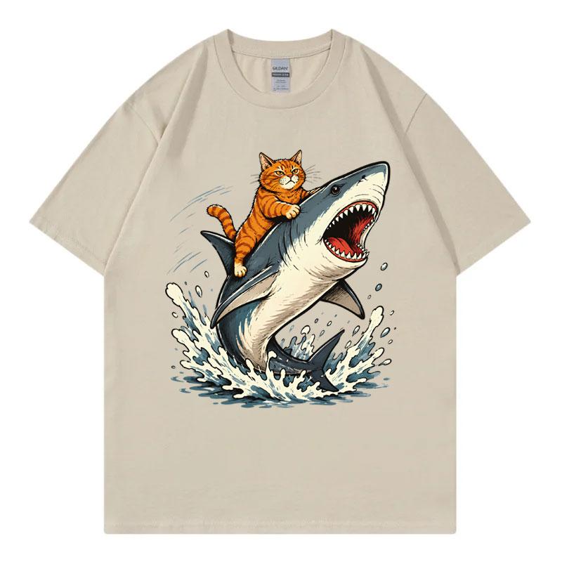 Cat Riding Shark Funny Meme Graphic T Shirts Summer Fashion Oneck Short Sleeve Tshirts Unisex Unisex Casual Loose Cotton Tshirt