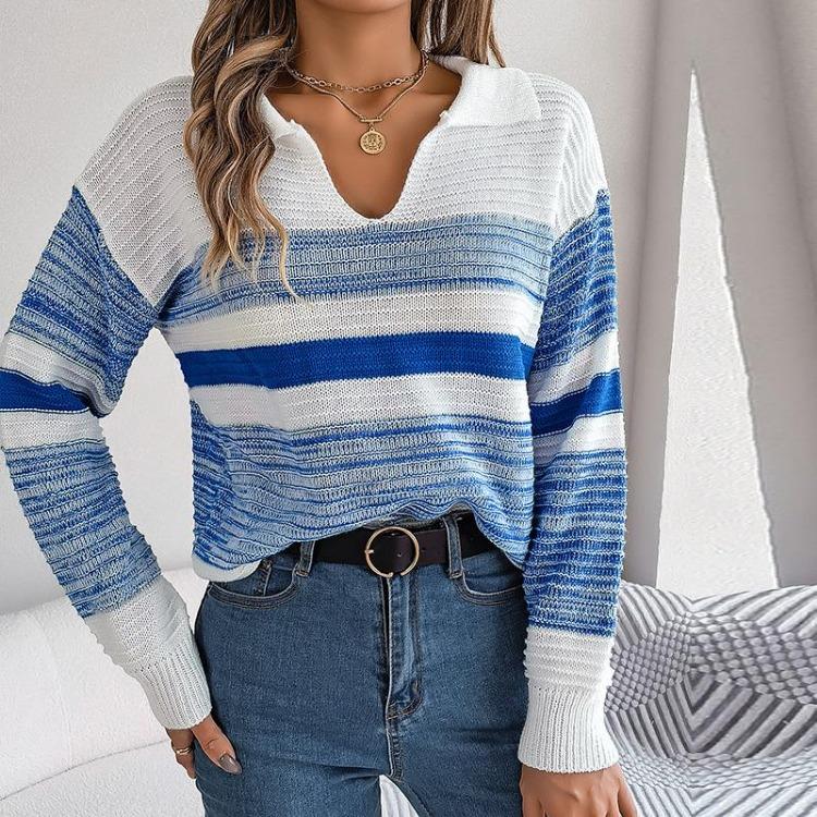 Women Casual Knit Pullover Sweater Polo Collar Long Sleeve Contrast Stripe Autumn Winter