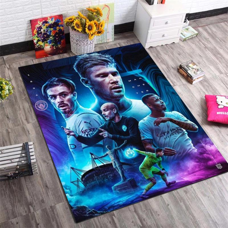 Man City Football Team Players Collage Print Area Rug Non‑Slip Rectangular Floor Mat Soccer Fan Gaming Room Home Decor