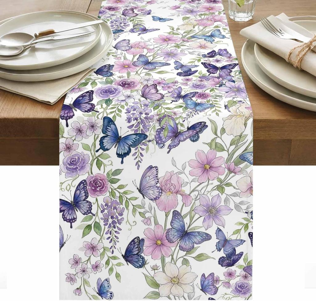 Watercolor Flower Butterfly Linen Table Runner Party Decor Reusable Farmhouse Kitchen Dining Table Runner Wedding Decorations