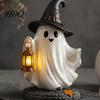 Cute Halloween Table Decor Lighted Ghost Figurine Spooky Resin Witch on Pumpkin/Holding Lantern Desktop Ornament Statue with LED Light for Bookshelf