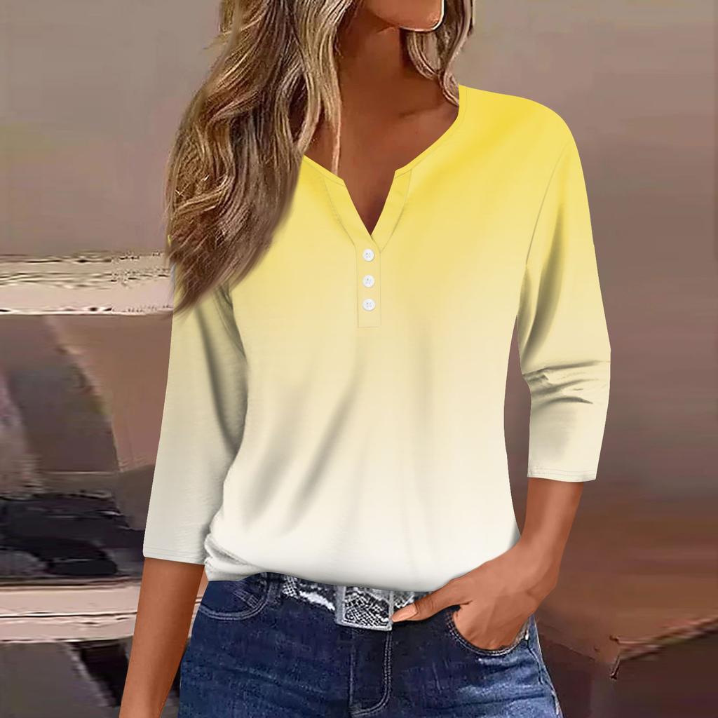 Women's Fashion Casual Printed V-Neck Seven Sleeve Button Down T-Shirt Top