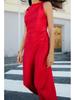 European and American Women's Satin Mid-length Dress with Ruched Waist and Cowl Neck.