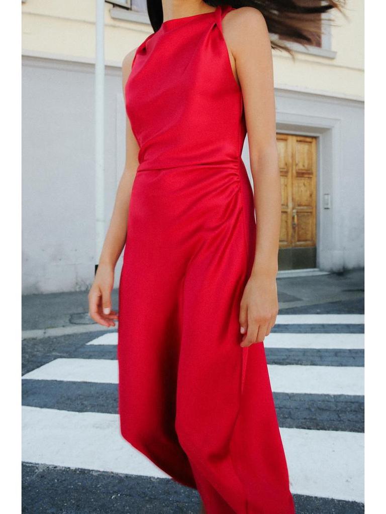 European and American Women's Satin Mid-length Dress with Ruched Waist and Cowl Neck.