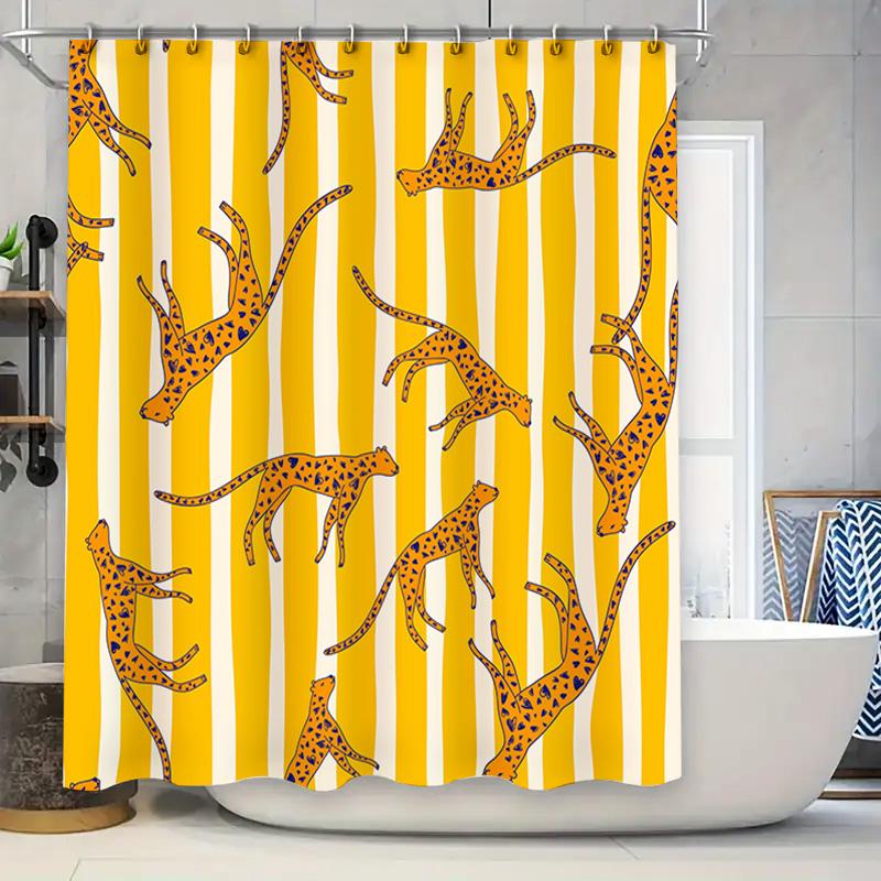 

Yellow Striped Shower Curtain With Leaping Leopard Pattern Bathroom Decor For Home Decoration W60H190(CM)-1 Pcs