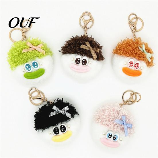 Cartoon Key Accessory Curly Hair Head Keychain, Plush Keychain with Metal Clasp, Ring Bow Backpacks Handbags Keys Decorative Pendant for Men