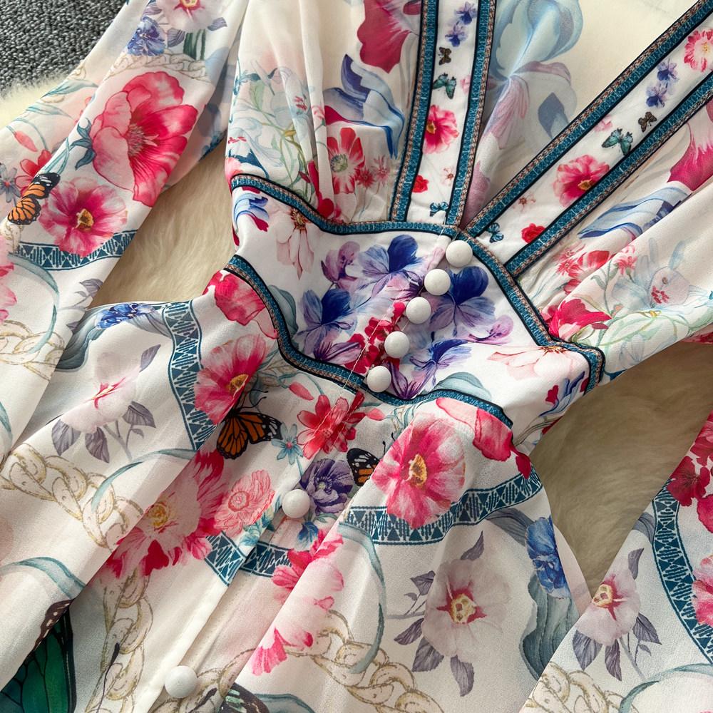 Palace Floral Maxi Dress Women Summer Holiday Chiffon Long Dresses Shirt 2026 Spring Long Sleeve Single Breasted Party Dress