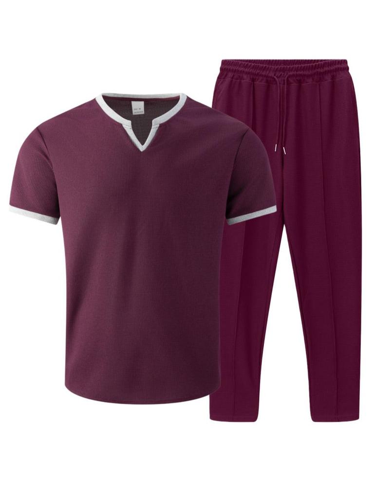 V-neck Waffle Short-Sleeve T-shirt & Long Pants Men's Streetwear Sports Set