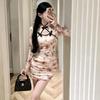 Floral Print Hollow-Out Cheongsam Dress with Button-Up and Cinched Waist