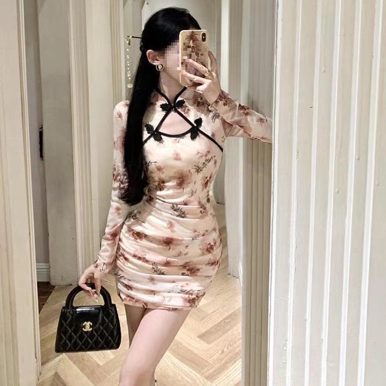 Floral Print Hollow-Out Cheongsam Dress with Button-Up and Cinched Waist