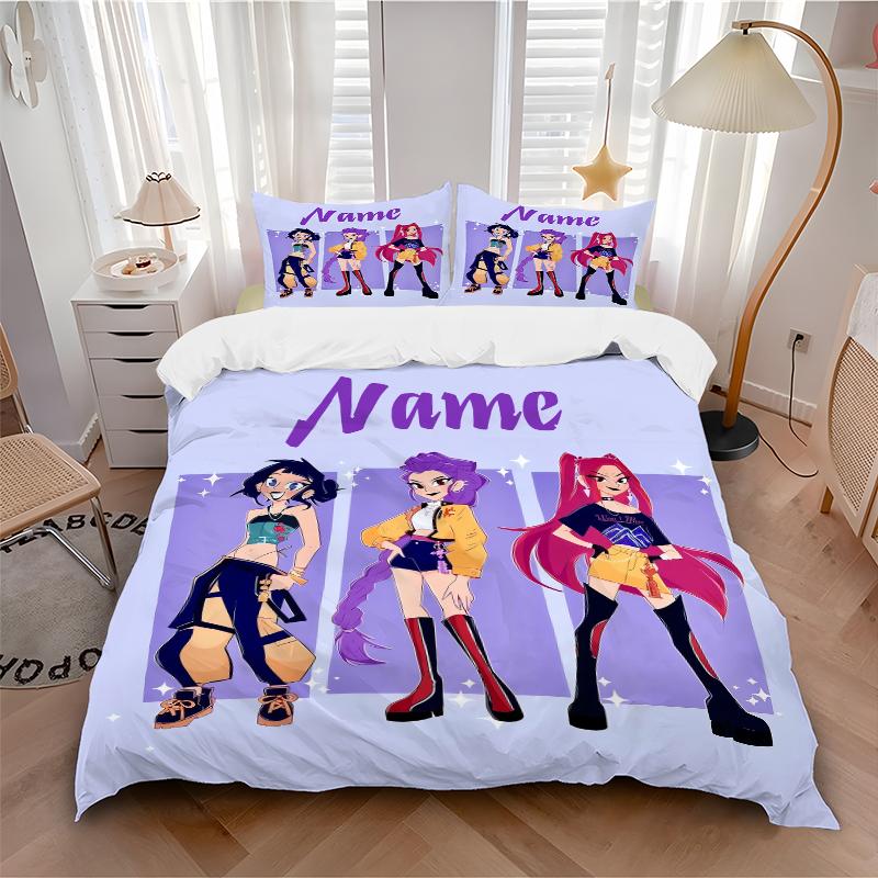 Custom Name Huntrix Name Bedding 3 Piece Set HD Print Duvet Cover Pillowcases for Teens Adult Bedroom Decoration