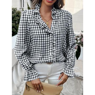 European and American Cross-border Spring New V-neck Plaid Lace Shirt French Fashion and Elegant Long-sleeved Shirt for Women