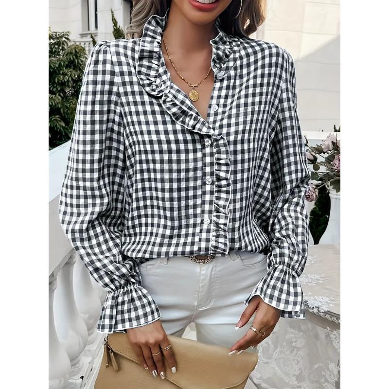 Camicia a quadri con pizzo, scollo a V, nuova collezione primaverile europea e americana, camicia a maniche lunghe alla moda ed elegante francese per donna
