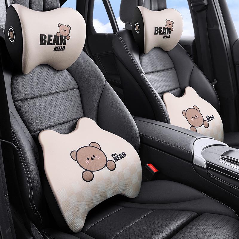 Cartoon Bear Memory Foam Lumbar & Headrest Pillow Set for Car